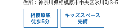 住所：神奈川県相模原市中央区氷川町3-5 相模原駅徒歩5分 土曜診療 キッズスペース完備
